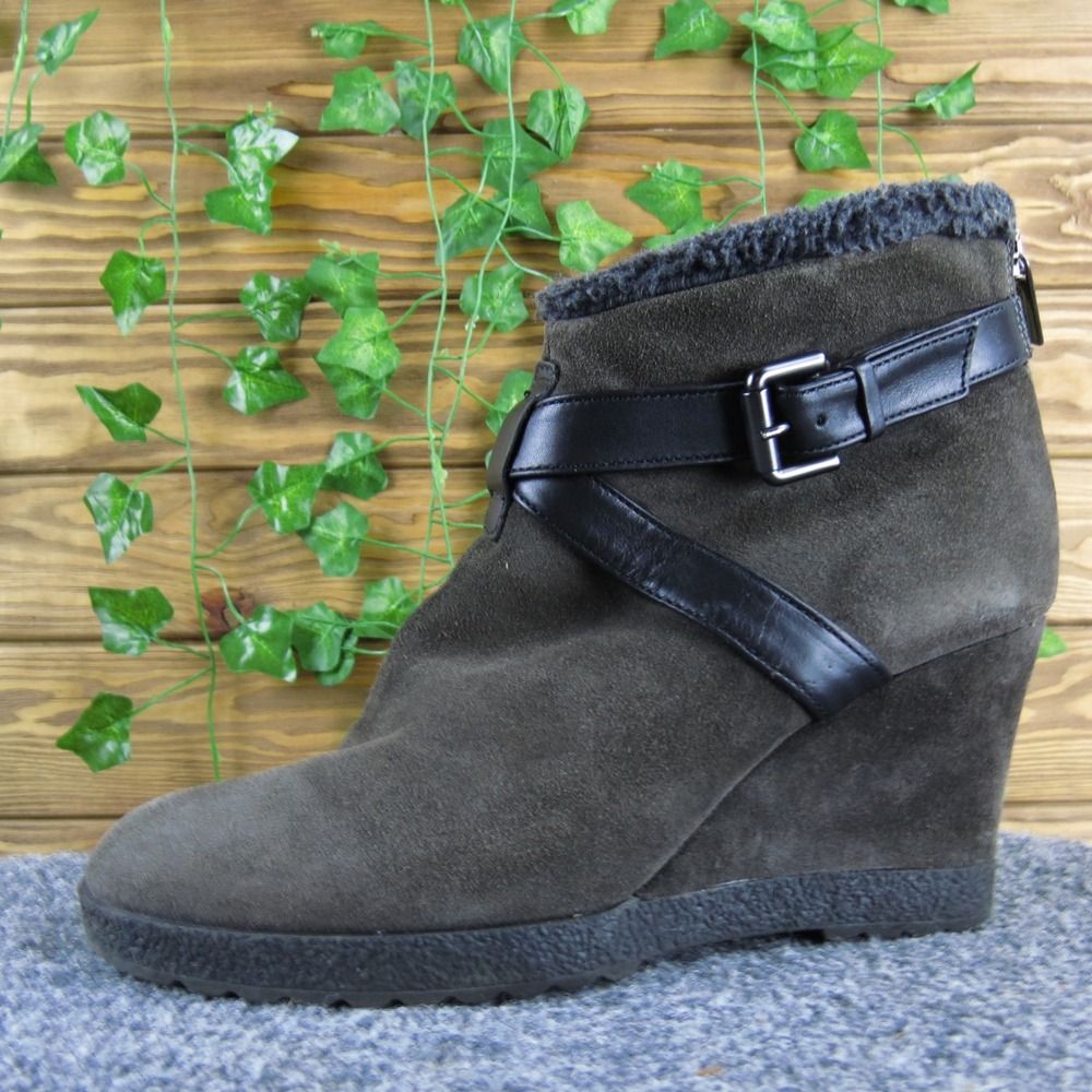 Aquatalia Women's Suede Wedge‎ Ankle Boots Buckle Detail Faux Fur Lined 40